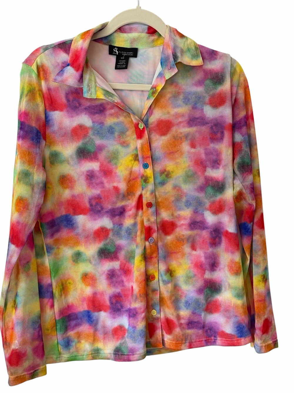 Alison Sheri Watercolor Print Button Front Top Multicolor Long Sleeve Small NWT